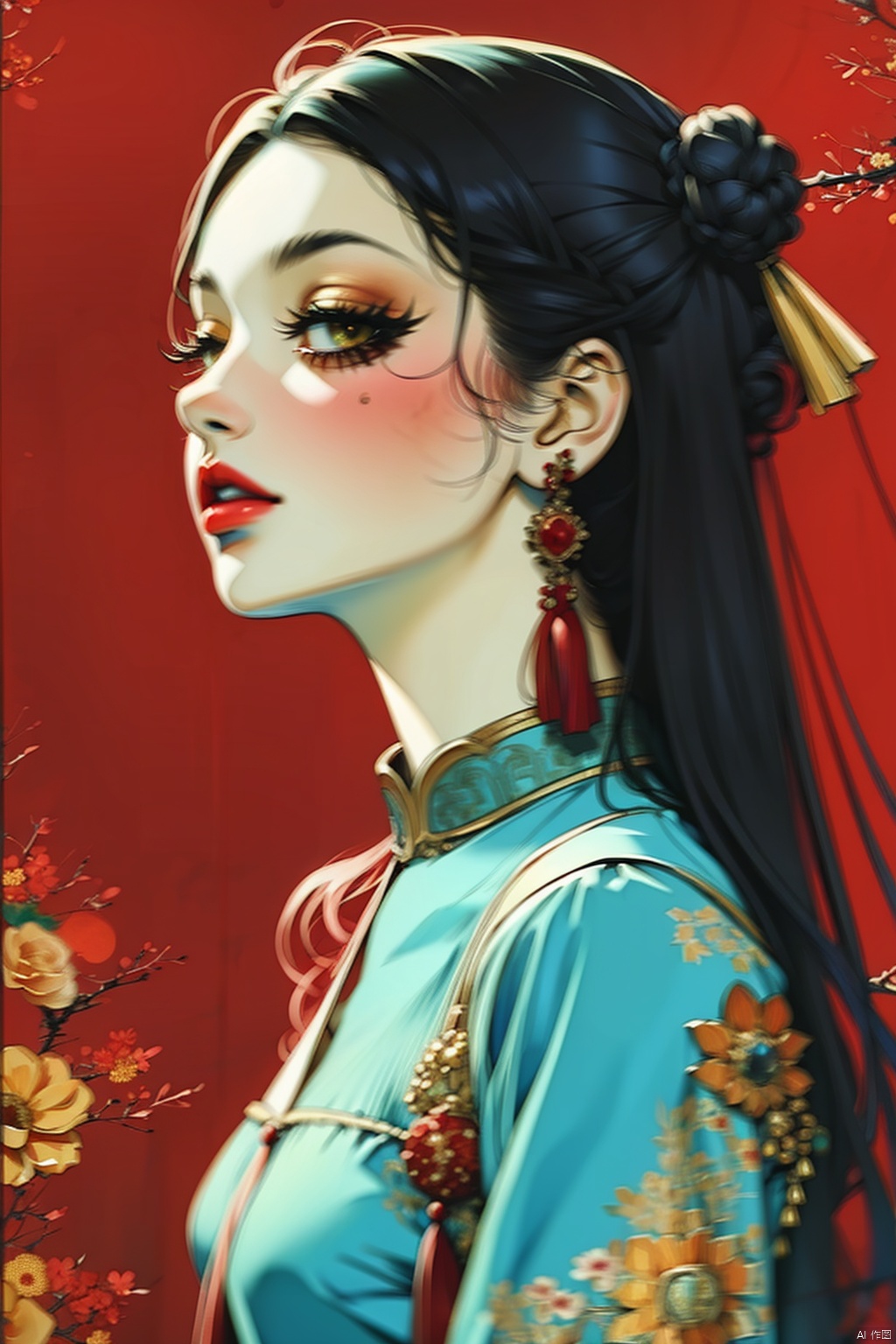  1girl, solo, long hair, black hair, hair ornament, jewelry, closed mouth, upper body, flower, earrings, blurry, from side, eyelashes, profile, makeup, red background, chinese clothes,  red flower, tassel, branch, red lips, tassel earrings, guoflinke