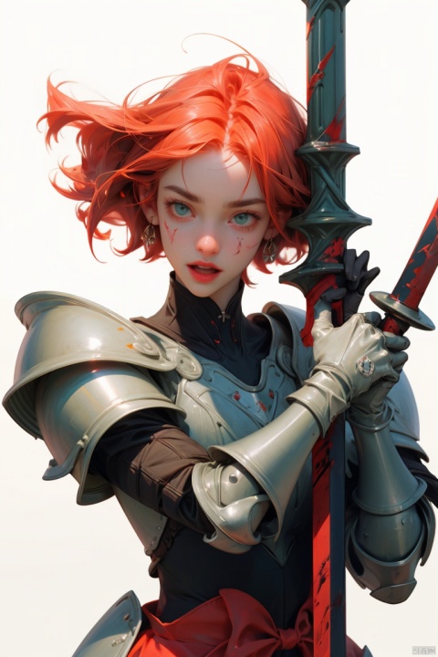 1girl, solo, short hair, open mouth, simple background, gloves, white background, holding, green eyes, weapon, red hair, sword, holding weapon, armor, blood, scar, holding sword, shoulder armor, scar on face, pauldrons, scar across eye