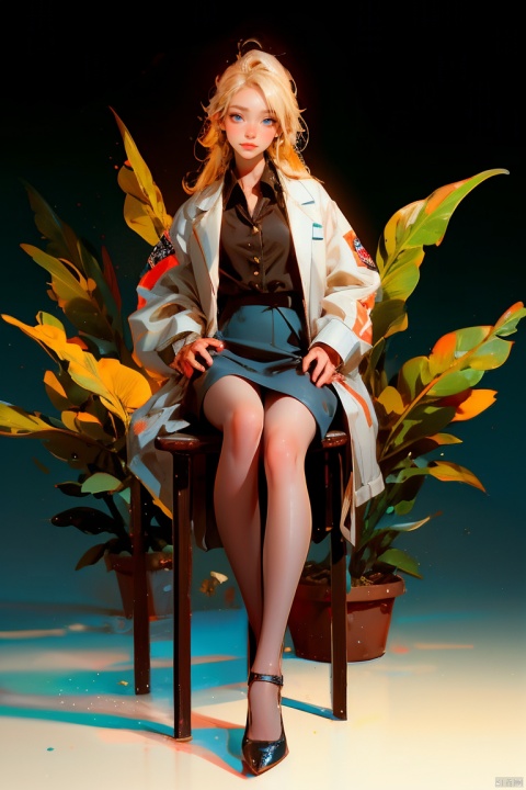 1girl, solo, long hair, breasts, looking at viewer, blush, smile, bangs, blue eyes, skirt, blonde hair, shirt, long sleeves, hair between eyes, sitting, very long hair, closed mouth, jacket, full body, pantyhose, open clothes, day, collared shirt, black skirt, high heels, open jacket, coat, black shirt, white footwear, white jacket, grass, plant, pencil skirt, white pantyhose, labcoat, white coat, hand on own thigh