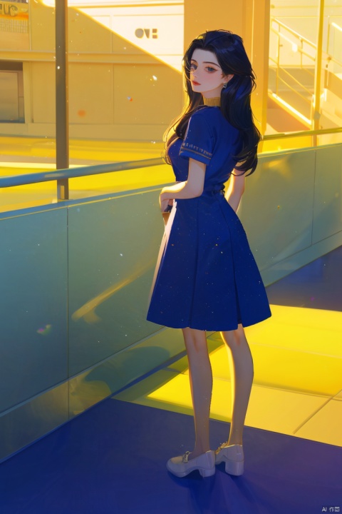  1girl, by 3meiji,amazing quality,photorealistic,detailed,beautiful color,beautiful,solo, long hair, breasts, looking at viewer, black hair, dress, standing, full body, short sleeves, lips, blue dress, shadow, short dress, white footwear, blue shirt, realistic, arms at sides