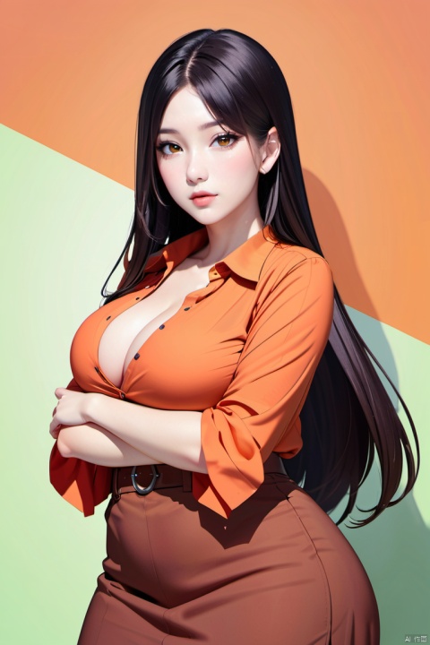  1girl, solo, long hair, breasts, looking at viewer, skirt, brown hair, shirt, black hair, brown eyes, collarbone, ponytail, parted lips, huge breasts, long skirt, brown skirt, mature female, arm under breasts, orange shirt, holding own arm