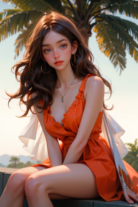 1girl, solo, long hair, breasts, looking at viewer, blush, bangs, blue eyes, large breasts, brown hair, dress, cleavage, bare shoulders, jewelry, sitting, underwear, collarbone, panties, thighs, earrings, outdoors, parted lips, sleeveless, day, necklace, white panties, blurry, bracelet, covered nipples, tree, lips, head tilt, parted bangs, sleeveless dress, blurry background, arm support, umbrella, short dress, pantyshot, forehead, between legs, hand between legs, palm tree, orange dress