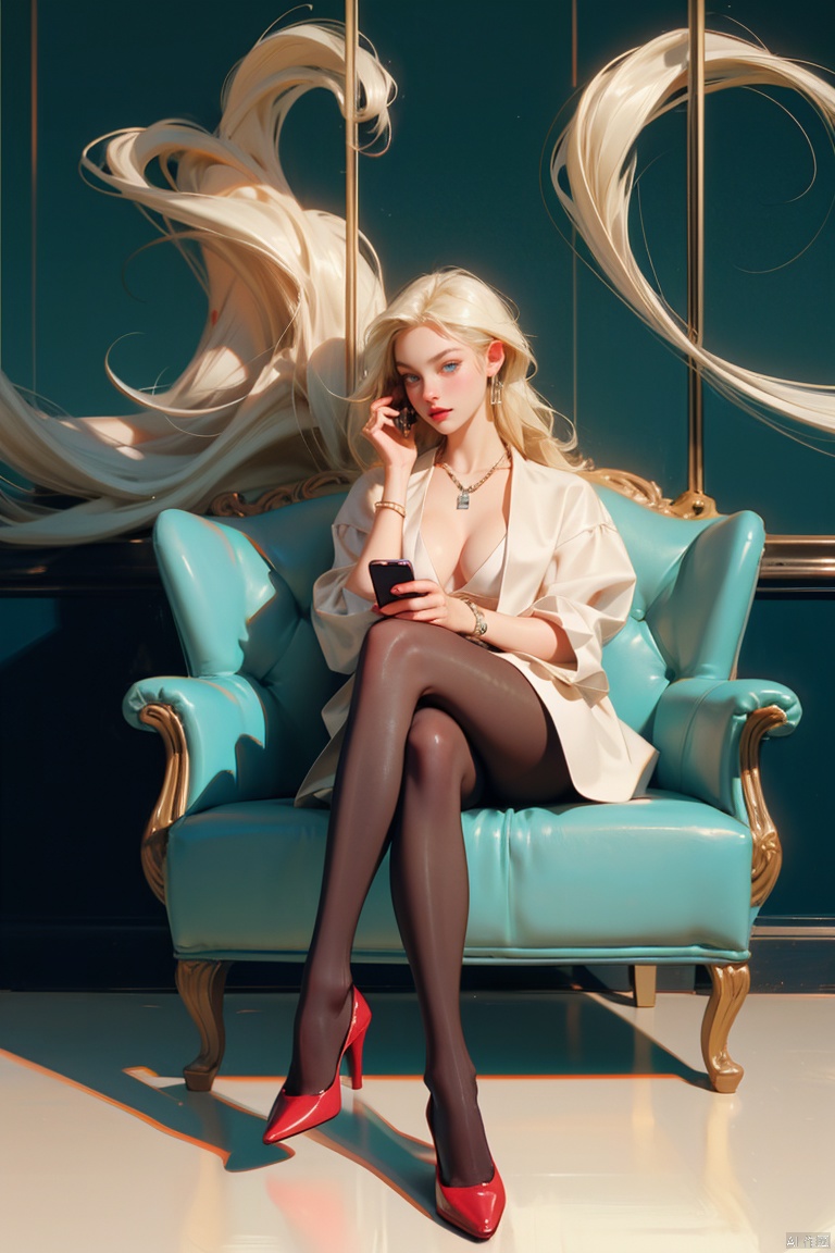 1girl, solo, long hair, breasts, looking at viewer, blue eyes, blonde hair, large breasts, holding, cleavage, jewelry, sitting, pantyhose, thighs, earrings, necklace, black footwear, high heels, lips, legs, black pantyhose, phone, crossed legs, cellphone, smartphone, holding phone