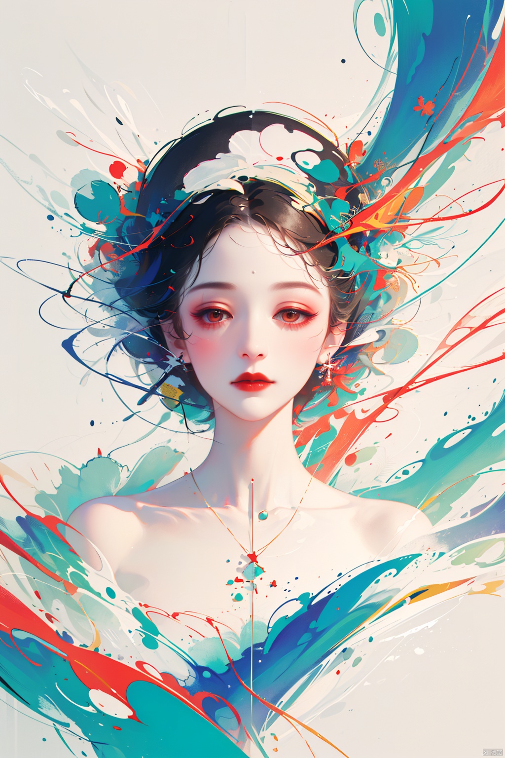  asterpiece, best quality, ultra high res, (extreme detailed), (1 beautiful girl), (abstract art:1.4), bleeding white, visually stunning, beautiful, evocative, emotional, ((white background)), white theme, goddess, cloud, mask, meiren-red lips, bpwc