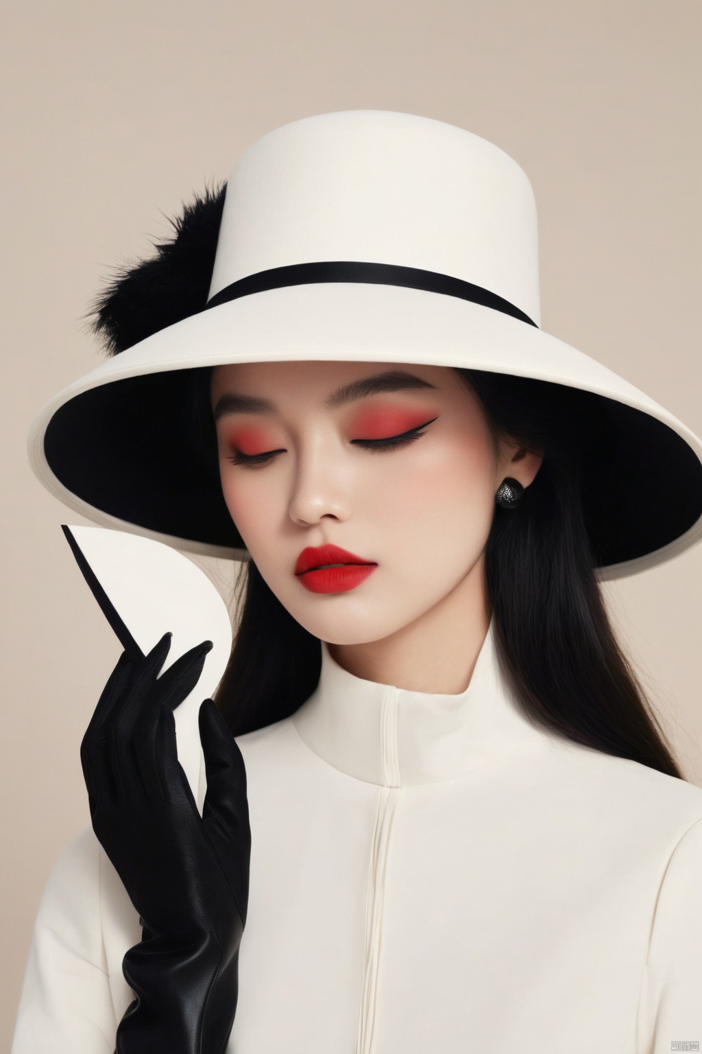  Hat brim, red lips, chin held in a black glove, minimalist ink painting design, no one, Rene Gluot style, Oriental flat aesthetics