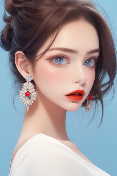  High quality, masterpiece, 1 girl, blue eyes,blue, orange, red,Blue gemstone earrings, blue gemstone necklace,Breast crevices, off shoulder,white background
