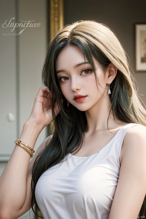  1girl, solo, long green hair, looking at viewer, jewelry, white shirt, upper body, earrings, artist name, mole, bracelet, lips, mole under eye, watermark, adjusting hair, hair behind ear, hair tucking