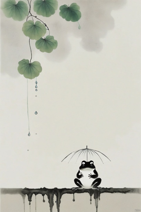  (A vine - a frog sitting leisurely on the vine with an umbrella), minimalist ink painting, raindrops