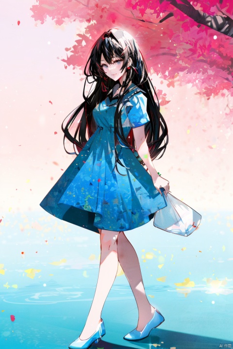  1girl, by arutera,amazing quality,photorealistic,detailed,beautiful color,beautiful,solo, long hair, breasts, looking at viewer, black hair, dress, standing, full body, short sleeves, lips, blue dress, shadow, short dress, white footwear, blue shirt, realistic, arms at sides