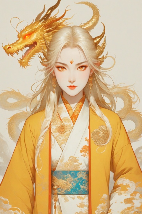  Female Oriental Dragon King, golden eyes, long ears, long golden beard, supernatural energy, chest emblem, brown and yellow horns, white and blonde hair, fire element coat, monkren