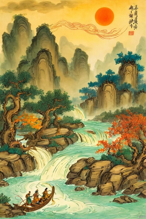  by chi4, (score_9,score_8_up,score_7_up,score_6_up,score_5_up), ancient chinese style,  
Above, the dragon of the sun and the phoenix of moon return to their lofty standard; below, there are rapids that rush against the current, turning back like a winding river,