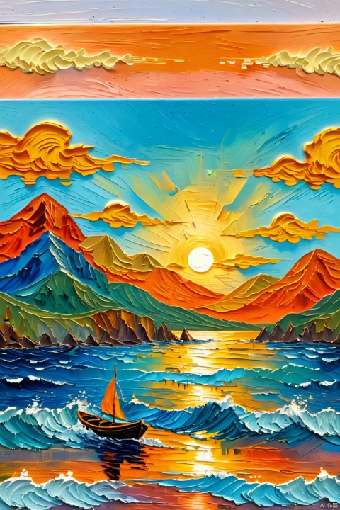  Impressionism fine art impasto on canvas by Van Gogh. Blissful sunset hues.outdoors, sky, cloud, water, no humans, ocean, cloudy sky, scenery, reflection, sunset, mountain, sun, watercraft, waves, boat, orange sky,airbrush painting. Atmospheric, moody, rustic.