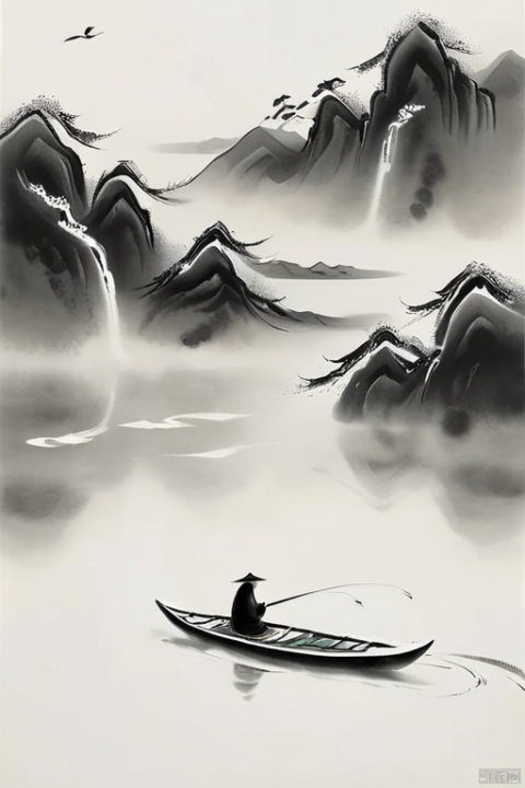 Thousands of birds fly away, thousands of tracks disappear. Cloaked in a straw-cloaked man in a boat, fishing alone in the snow, minimalist ink painting