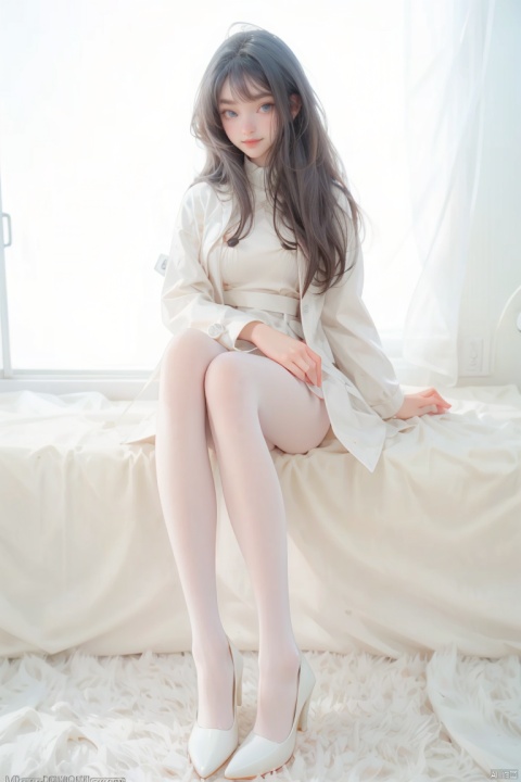  1girl, solo, long hair, breasts, looking at viewer, blush, smile, bangs, blue eyes, black hair, long sleeves, sitting, very long hair, closed mouth, full body, pantyhose, shoes, indoors, high heels, coat, legs, window, buttons, white footwear, crossed legs, plant, white pantyhose, thighband pantyhose, white coat, double-breasted, blinds, tutultb, xxlinpantyhose