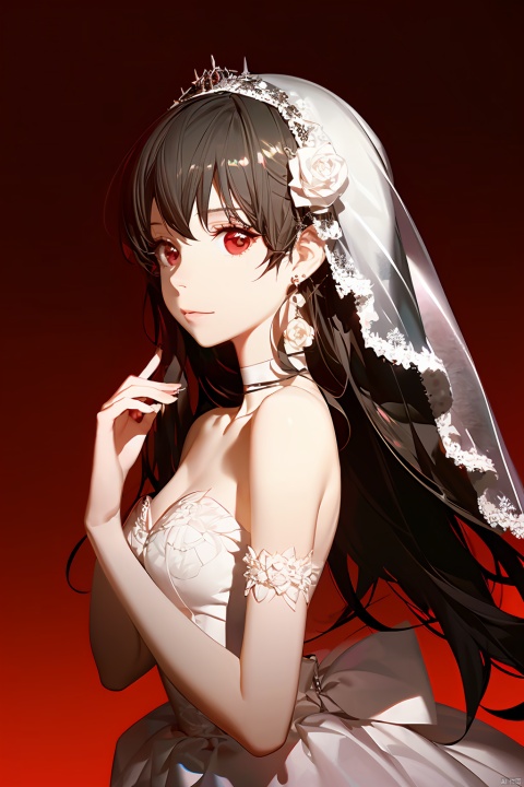 1girl, by ask,amazing quality,photorealistic,detailed,beautiful color,beautiful,solo, long hair, breasts, bangs, brown hair, black hair, hair ornament, red eyes, dress, bare shoulders, jewelry, closed mouth, upper body, flower, earrings, choker, hair flower, white dress, hands up, strapless, profile, rose, white flower, veil, strapless dress, wedding dress, bridal veil, yor briar