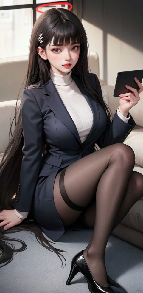 1girl, solo, long hair, breasts, looking at viewer, blush, bangs, skirt, large breasts, black hair, hair ornament, red eyes, long sleeves, sitting, very long hair, jacket, full body, pantyhose, parted lips, hairclip, miniskirt, blunt bangs, black skirt, black footwear, high heels, sweater, black jacket, legs, black pantyhose, thigh strap, turtleneck, halo, formal, crossed legs, suit, couch, pencil skirt, turtleneck sweater, office lady, id card, black suit, tablet pc, rio blue archive, TsukatsukiRio