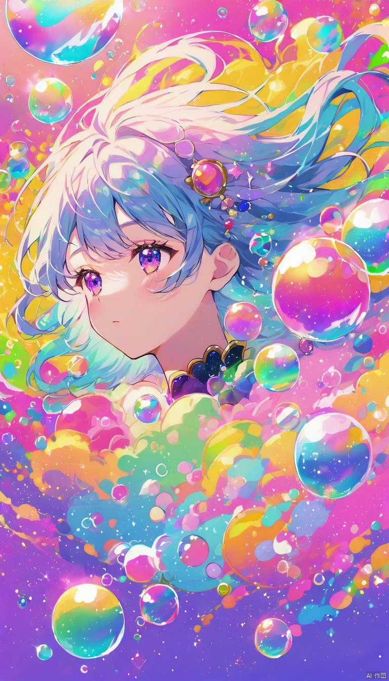  ((colored background)),((high saturation)),((colorful splash surround)),colored bubbles,((glitter)), 1girl,solo,dream like,colorful,