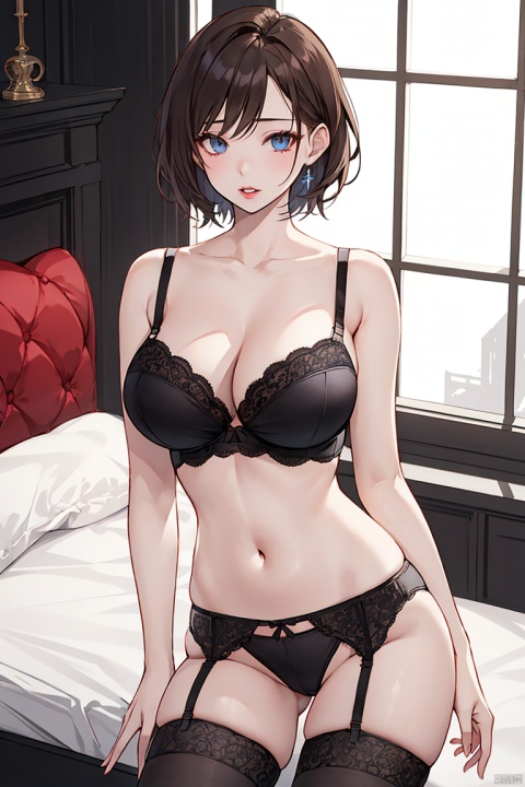 1girl, solo, breasts, looking at viewer, short hair, large breasts, brown hair, thighhighs, navel, cleavage, bare shoulders, underwear, standing, collarbone, panties, thighs, cowboy shot, black thighhighs, indoors, bra, lips, see-through, bed, highleg, garter straps, arms behind back, underwear only, lingerie, garter belt, mature female, bedroom