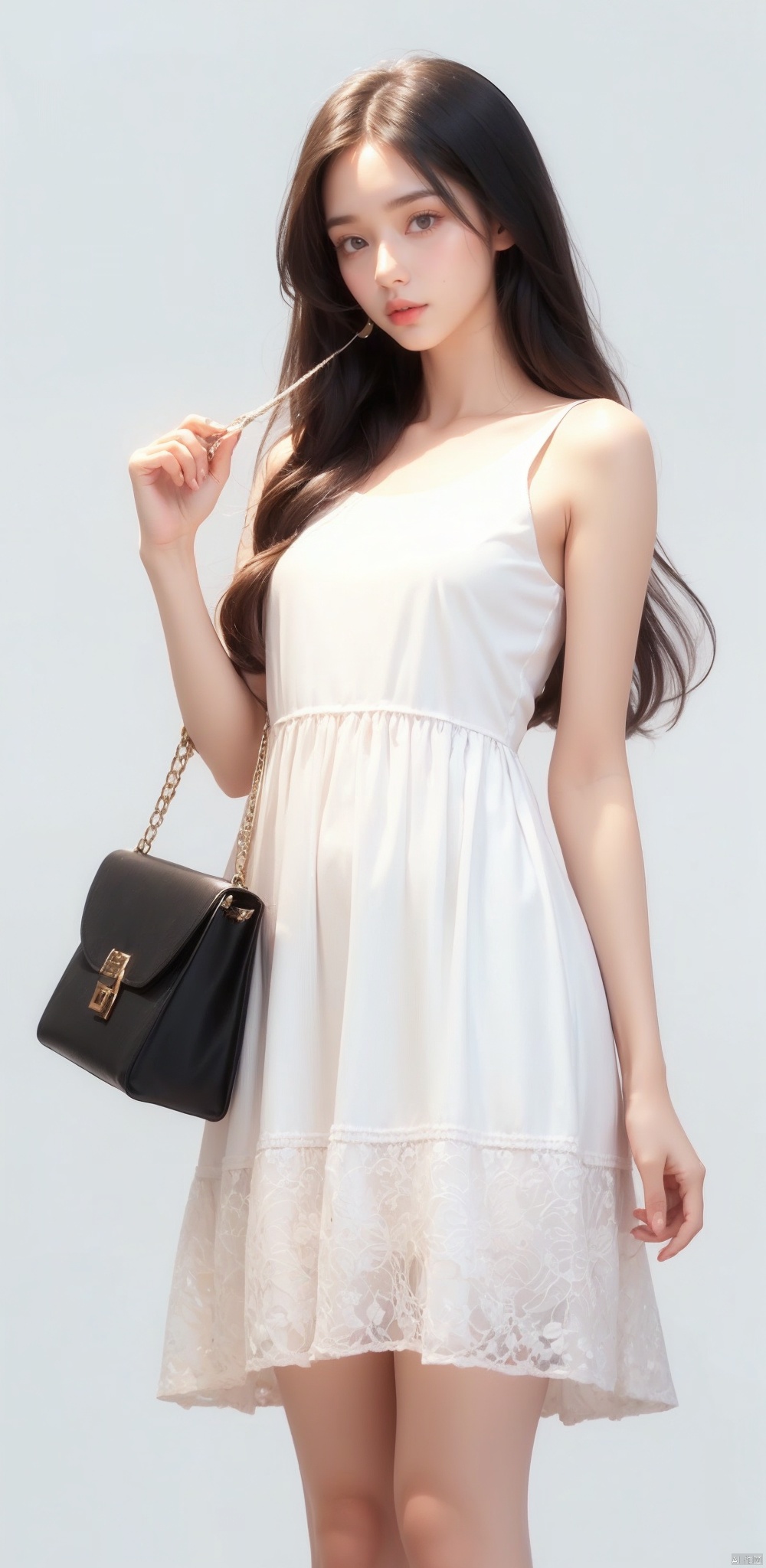  1girl, solo, long hair, simple background, black hair, white background, dress, sleeveless, bag, white dress, lips, handbag, realistic, holding bag