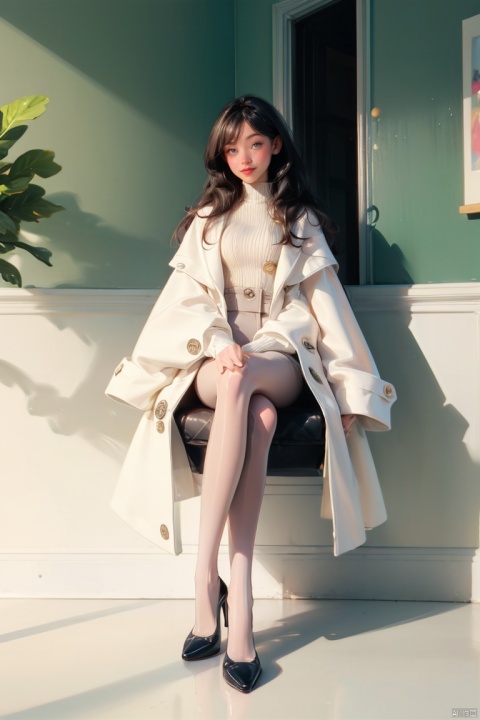  1girl, solo, long hair, breasts, looking at viewer, blush, smile, bangs, blue eyes, black hair, long sleeves, sitting, very long hair, closed mouth, full body, pantyhose, shoes, indoors, high heels, coat, legs, window, buttons, white footwear, crossed legs, plant, white pantyhose, thighband pantyhose, white coat, double-breasted, blinds, tutultb