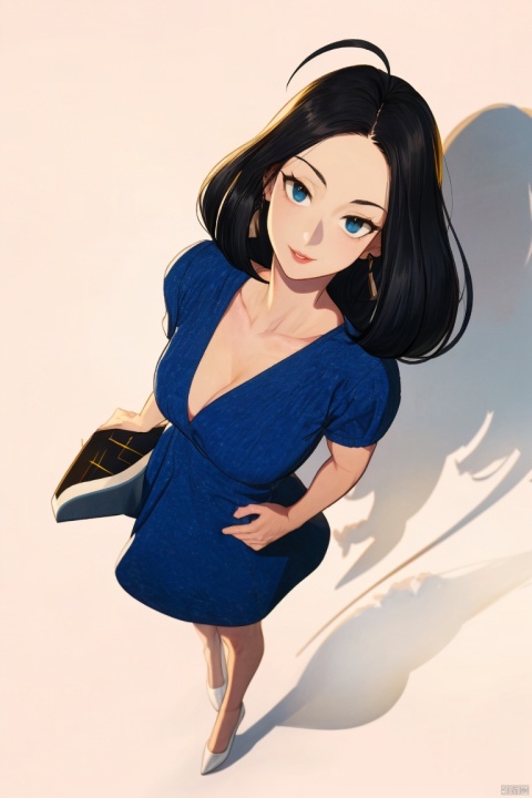  1girl, by hata,amazing quality,photorealistic,detailed,beautiful color,beautiful,solo, long hair, breasts, looking at viewer, black hair, dress, standing, full body, short sleeves, lips, blue dress, shadow, short dress, white footwear, blue shirt, realistic, arms at sides