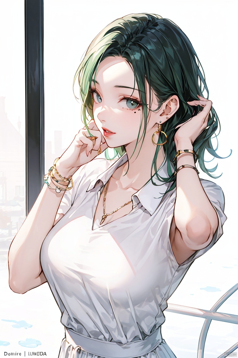  1girl, solo, long green hair, looking at viewer, jewelry, white shirt, upper body, earrings, artist name, mole, bracelet, lips, mole under eye, watermark, adjusting hair, hair behind ear, hair tucking