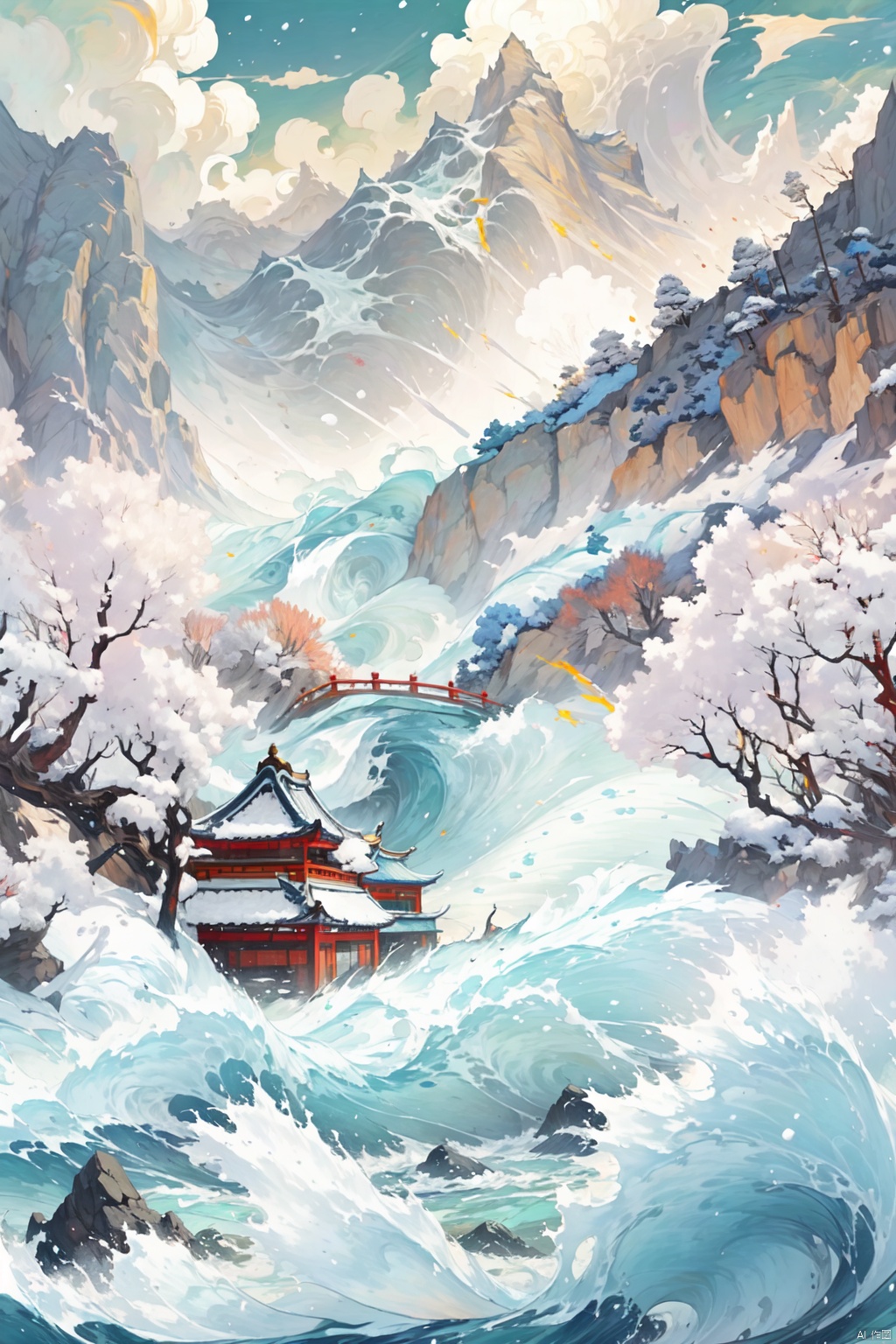 Steep stone walls towered into the sky, thunderous waves crashed against the river bank, and the waves stirred up like thousands of piles of white snow.