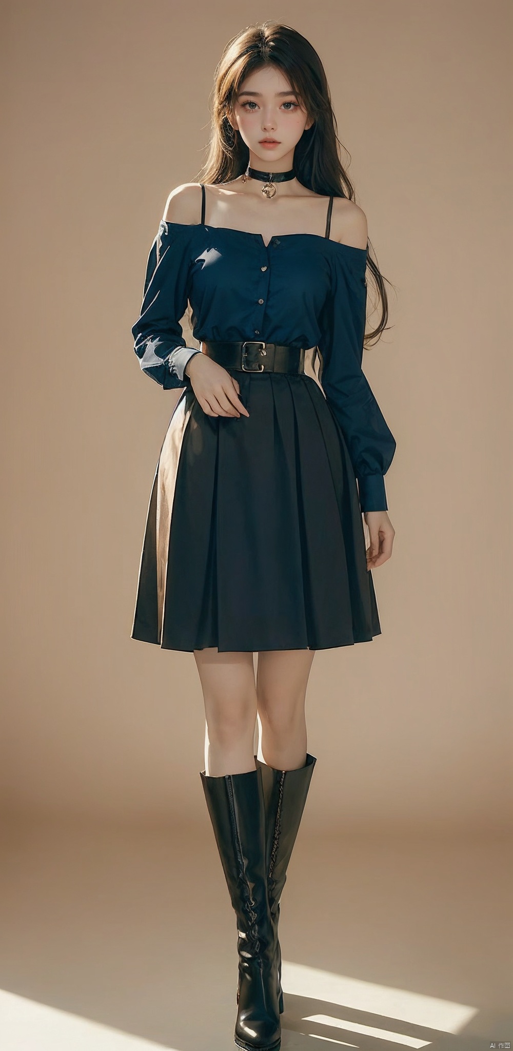  1girl, solo, long hair, breasts, looking at viewer, skirt, simple background, brown hair, shirt, long sleeves, white background, brown eyes, closed mouth, standing, full body, pantyhose, boots, choker, black skirt, black footwear, black choker, blue shirt, high-waist skirt, long skirt, brown pantyhose, Light master