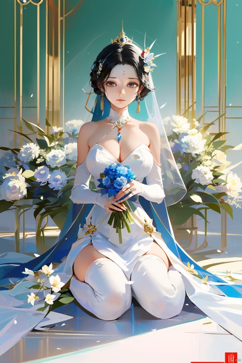 1girl, solo, long hair, breasts, blush, smile, bangs, large breasts, thighhighs, dress, holding, cleavage, bare shoulders, jewelry, sitting, very long hair, closed mouth, full body, braid, flower, white hair, earrings, alternate costume, indoors, necklace, white dress, white thighhighs, petals, strapless, rose, wariza, veil, strapless dress, blue flower, braided ponytail, bouquet, wedding dress, bridal veil, blue rose, holding bouquet, bride, shenhe \(genshin impact\)