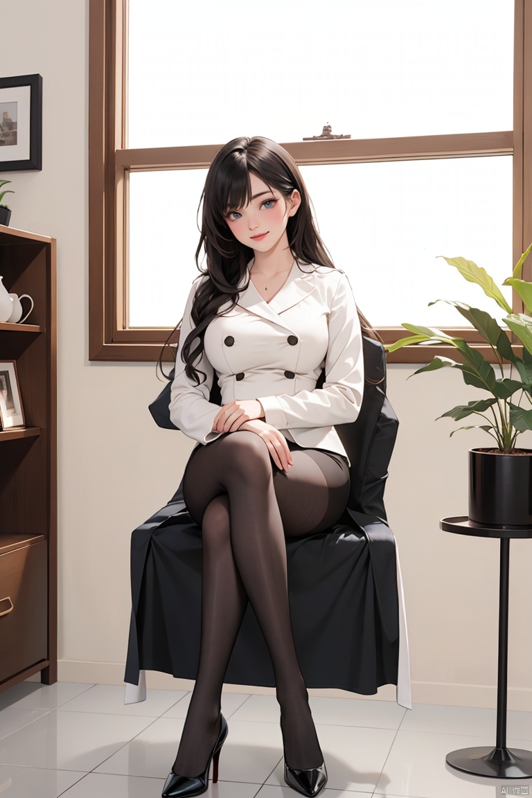 1girl, solo, long hair, breasts, looking at viewer, blush, smile, bangs, blue eyes, black hair, long sleeves, sitting, very long hair, closed mouth, full body, pantyhose, shoes, indoors, high heels, coat, legs, window, buttons, white footwear, crossed legs, plant, white pantyhose, thighband pantyhose, white coat, double-breasted, blinds, seductive eyes