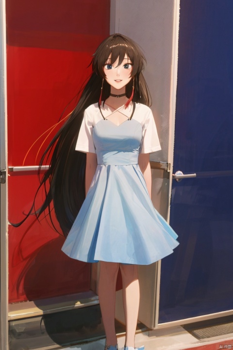 1girl, by 5eyo,amazing quality,photorealistic,detailed,beautiful color,beautiful,solo, long hair, breasts, looking at viewer, black hair, dress, standing, full body, short sleeves, lips, blue dress, shadow, short dress, white footwear, blue shirt, realistic, arms at sides
