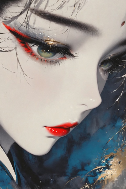 1 Girl, red lips, long eyelashes, bright big eyes, beautiful sad wallpaper style