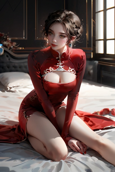  1girl, by nixeu,amazing quality,photorealistic,detailed,beautiful color,beautiful,solo, long hair, breasts, looking at viewer, blush, bangs, large breasts, long sleeves, dress, ribbon, jewelry, sitting, yellow eyes, braid, white hair, earrings, parted lips, indoors, nail polish, blurry, red ribbon, clothing cutout, bed, depth of field, blurry background, arm support, on bed, chinese clothes, red dress, cleavage cutout, tassel, red nails, light particles, candle, tassel earrings, candlestand