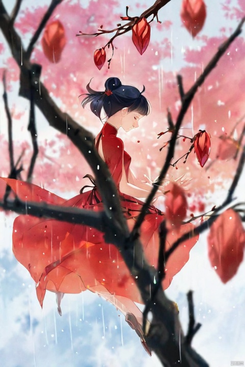  by ajimita, (score_9,score_8_up,score_7_up,score_6_up,score_5_up), ancient chinese style,   a branch adorned with crimson splendor, dew-kissed fragrance,
In the misty rain of Mount Wu, vain are the broken hearts