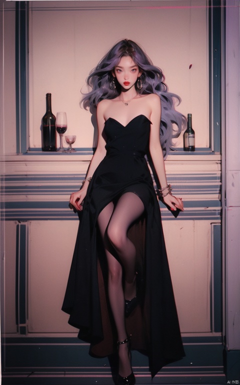 1girl, solo, long hair, breasts, looking at viewer, dress, cleavage, bare shoulders, jewelry, medium breasts, sitting, purple eyes, full body, purple hair, pantyhose, earrings, parted lips, necklace, black footwear, black dress, high heels, bracelet, cup, lips, black pantyhose, petals, strapless, makeup, crossed legs, strapless dress, red nails, armlet, alcohol, drinking glass, brown pantyhose, red lips, wine glass, wine