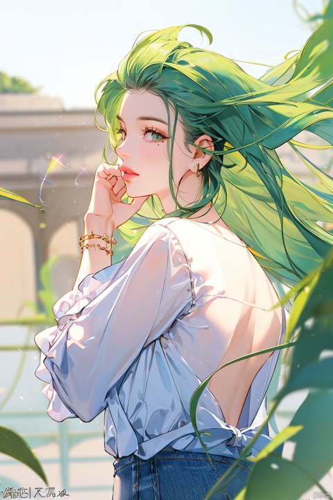  1girl, solo, long green hair, looking at viewer, jewelry, white shirt, upper body, earrings, artist name, mole, bracelet, lips, mole under eye, watermark, adjusting hair, hair behind ear, hair tucking