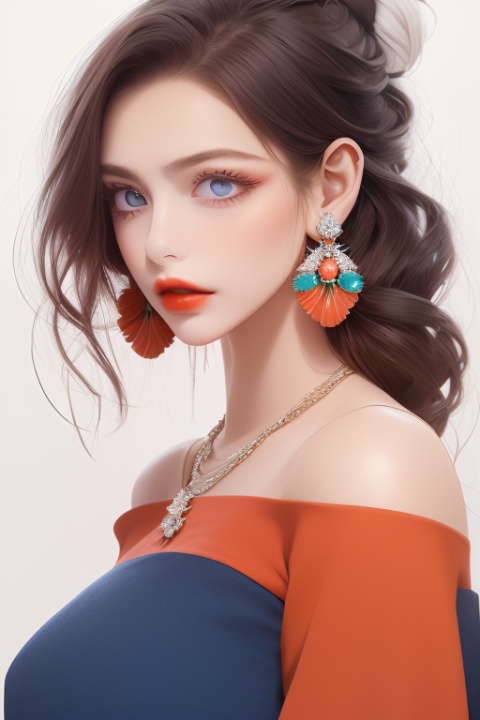  High quality, masterpiece, 1 girl, blue eyes,blue, orange, red,Blue gemstone earrings, blue gemstone necklace,Breast crevices, off shoulder,white background