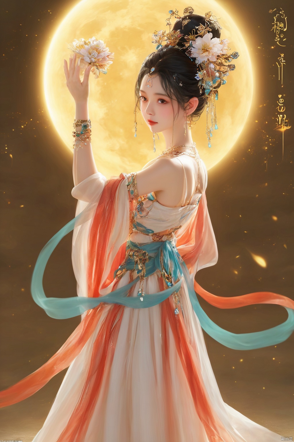  guofeng, 1girl, solo, black hair, hair ornament, dress, jewelry, full body, closed eyes, flower, earrings, necklace, hair bun, white dress, bracelet, moon, single hair bun, lotus , Normal arms, normal hands, 5 fingers per hand, Beautiful eyes, big eyes, HD details, dunhuang