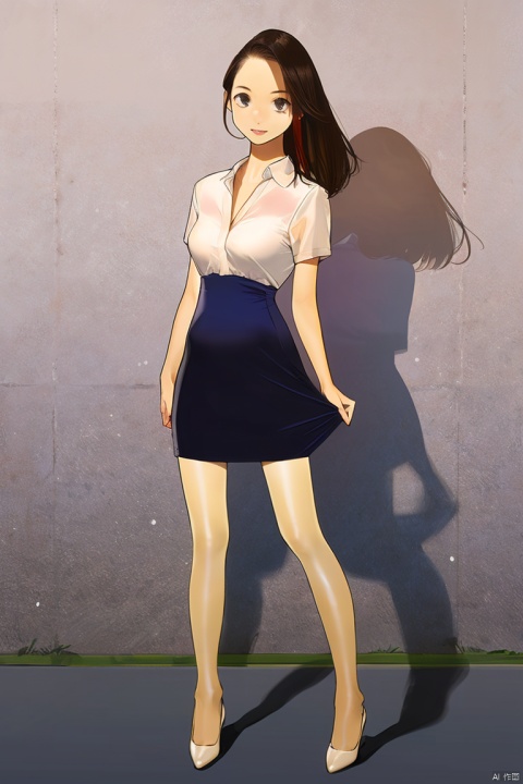 1girl, by yomu,amazing quality,photorealistic,detailed,beautiful color,beautiful,solo, long hair, breasts, looking at viewer, black hair, dress, standing, full body, short sleeves, lips, blue dress, shadow, short dress, white footwear, blue shirt, realistic, arms at sides