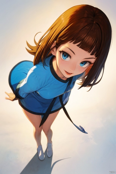 1girl, by hata,amazing quality,photorealistic,detailed,beautiful color,beautiful,solo, long hair, breasts, looking at viewer, black hair, dress, standing, full body, short sleeves, lips, blue dress, shadow, short dress, white footwear, blue shirt, realistic, arms at sides