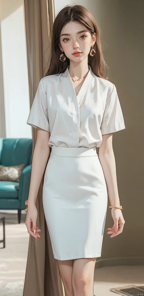 1girl, solo, long hair, skirt, brown hair, shirt, black hair, jewelry, white shirt, short sleeves, cowboy shot, earrings, white skirt, pencil skirt, shirt tucked in