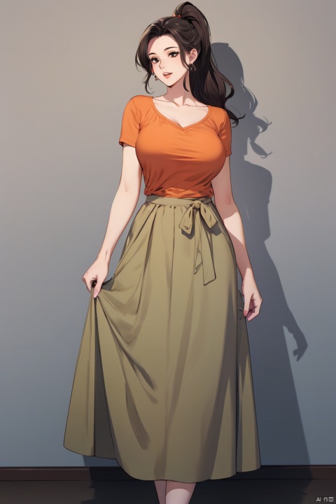 1girl, solo, long hair, breasts, looking at viewer, skirt, brown hair, shirt, black hair, brown eyes, collarbone, ponytail, parted lips, huge breasts, long skirt, brown skirt, mature female, arm under breasts, orange shirt, holding own arm