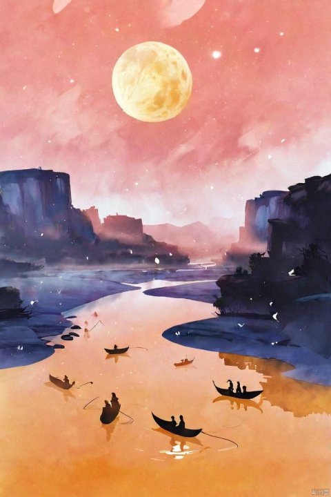  by ajimita, (score_9,score_8_up,score_7_up,score_6_up,score_5_up), ancient chinese style,  
The river and the sky merge into one hue, without the slightest speck of dust; in the bright, clear sky hangs a solitary moon, lonely and serene