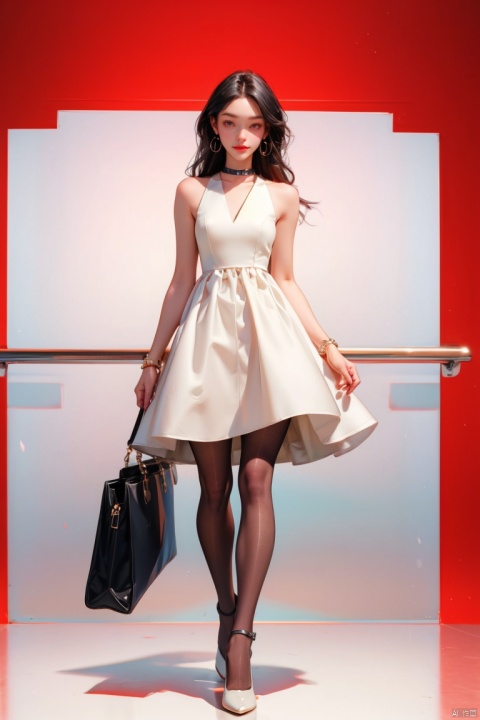 1girl, solo, long hair, breasts, looking at viewer, large breasts, black hair, dress, holding, bare shoulders, jewelry, standing, full body, pantyhose, earrings, glasses, sleeveless, choker, bag, white dress, high heels, black pantyhose, sleeveless dress, standing on one leg, handbag