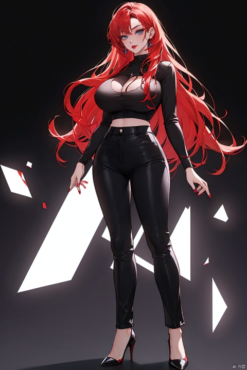  1girl, solo, long hair, breasts, looking at viewer, blue eyes, large breasts, simple background, shirt, long sleeves, standing, full body, red hair, pants, nail polish, black footwear, high heels, black shirt, makeup, lipstick, purple background, mature female, red lips, dachangtui