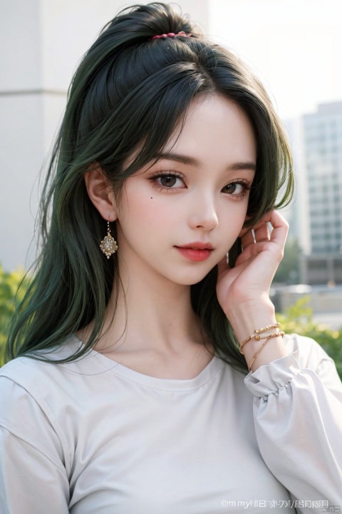  1girl, solo, long green hair, looking at viewer, jewelry, white shirt, upper body, earrings, artist name, mole, bracelet, lips, mole under eye, watermark, adjusting hair, hair behind ear, hair tucking