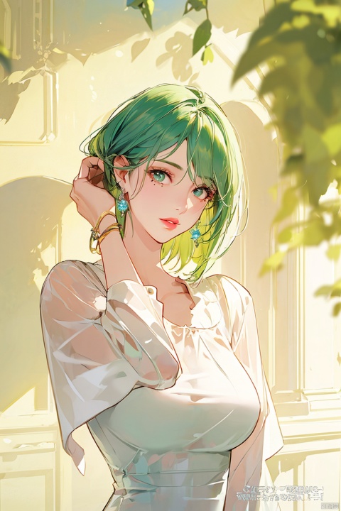  1girl, solo, long green hair, looking at viewer, jewelry, white shirt, upper body, earrings, artist name, mole, bracelet, lips, mole under eye, watermark, adjusting hair, hair behind ear, hair tucking