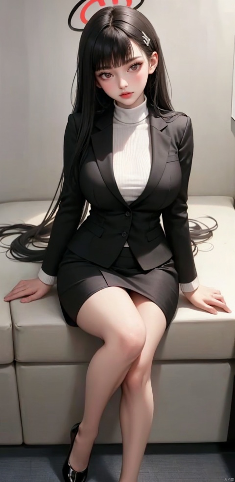 1girl, solo, long hair, breasts, looking at viewer, blush, bangs, skirt, large breasts, black hair, hair ornament, red eyes, long sleeves, sitting on the couch, very long hair, jacket, full body, pantyhose, parted lips, hairclip, miniskirt, blunt bangs, black skirt, black footwear, high heels, sweater, black jacket, legs, black pantyhose, thigh strap, turtleneck, halo, formal, crossed legs, suit, pencil skirt, turtleneck sweater, office lady, id card, black suit, rio blue archive, TsukatsukiRio, bright pupils