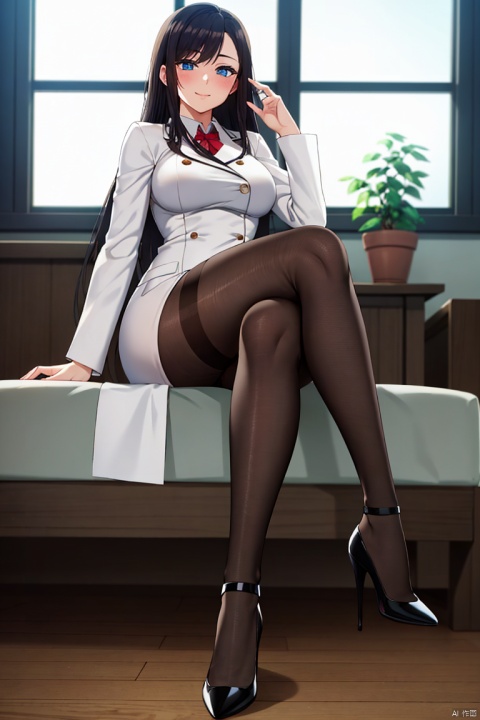 1girl, solo, long hair, breasts, looking at viewer, blush, smile, bangs, blue eyes, black hair, long sleeves, sitting, very long hair, closed mouth, full body, pantyhose, shoes, indoors, high heels, coat, legs, window, buttons, white footwear, crossed legs, plant, white pantyhose, thighband pantyhose, white coat, double-breasted, blinds, seductive eyes