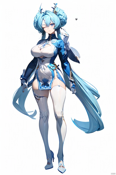  1girl, by loped, amazing quality,photorealistic,detailed,beautiful color,beautiful,solo, long hair, breasts, looking at viewer, bangs, large breasts, simple background, long sleeves, white background, dress, very long hair, blue hair, standing, full body, thighs, sweat, one eye closed, nail polish, white dress, arms up, pubic hair, bare legs, no panties, highleg, female pubic hair, thick thighs, chinese clothes, white footwear, pelvic curtain, blue nails